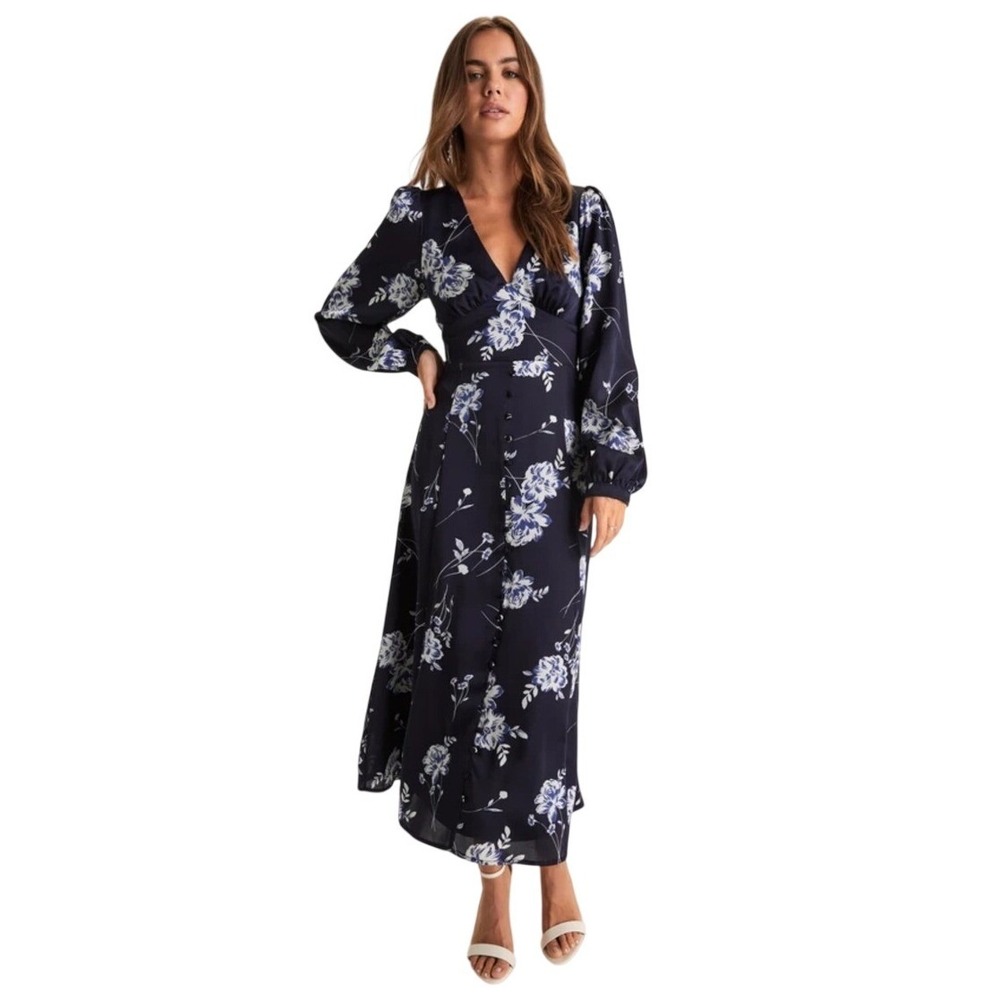 Lulu's Navy and White Floral Wrap Midi Dress